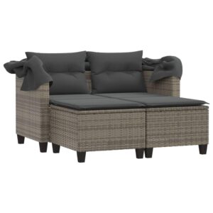 vidaXL Gray Poly Rattan Patio Loveseat with Retractable Canopy and Matching Stools - Outdoor 2-Seater Sofa - Weather-Resistant Garden Furniture