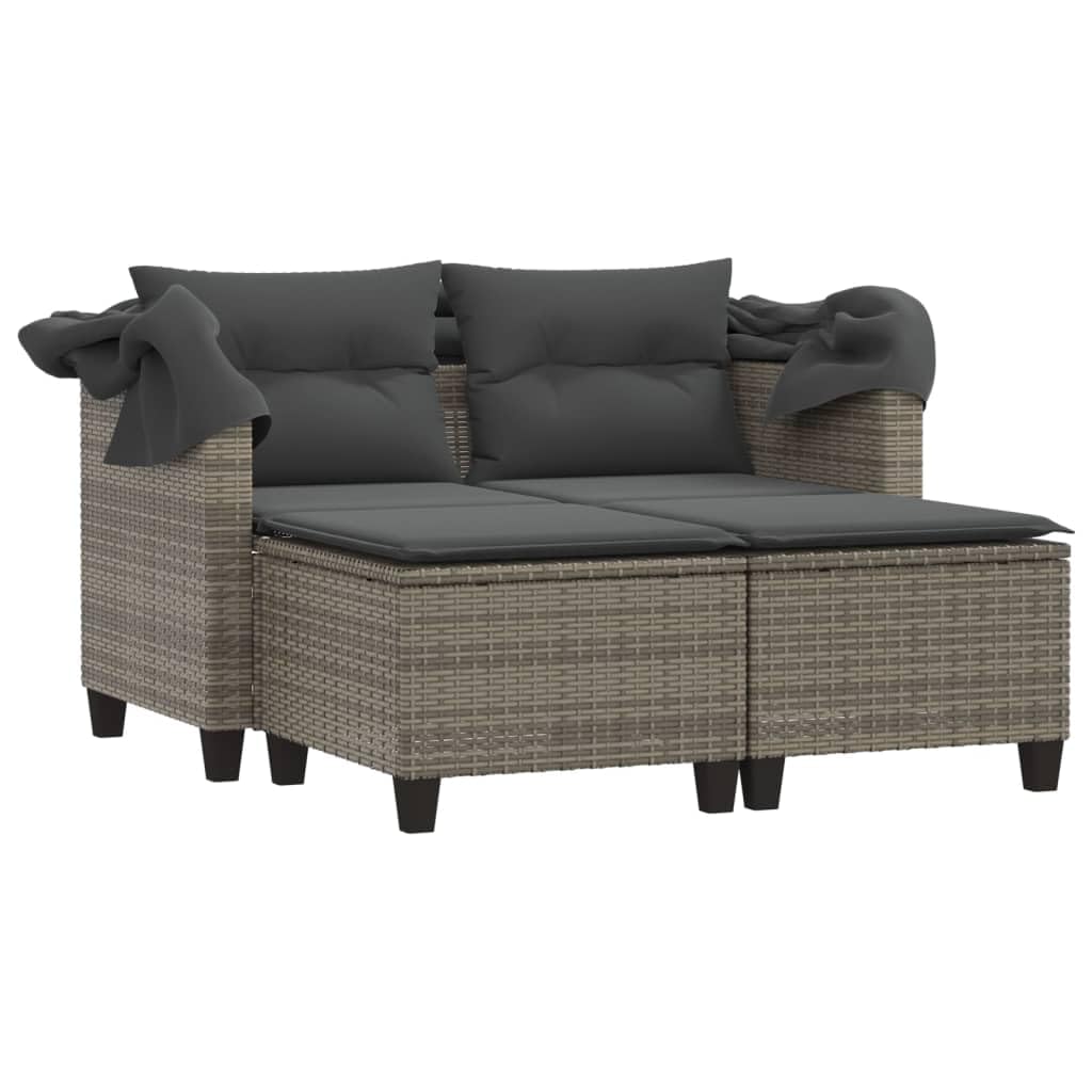 vidaXL Gray Poly Rattan Patio Loveseat with Retractable Canopy and Matching Stools - Outdoor 2-Seater Sofa - Weather-Resistant Garden Furniture