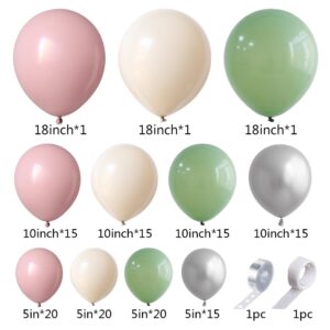 140Pcs Dusty Pink Sage Green Balloon Garland Arch Kit Mist Pink Retro Green Sand White Metallic Silver Latex Balloons for Boho Baby Shower Birthday Wedding Bridal Shower Party Decorations