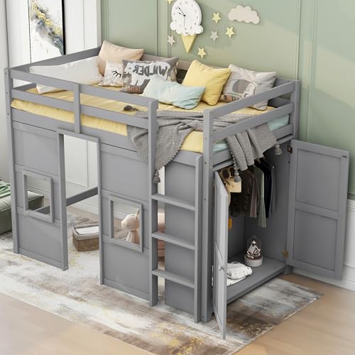 BOVZA Twin Size Loft Bed with Built-in Storage Wardrobe and 2 Windows, Wood Playhouse Loft Bed Frame with High Guard Rails for Kids Boys Girls Teens, Gray