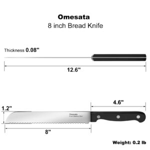 Omesata Bread Knife, Serrated 8 inch Bread Knifes for Homemade Bread Sourdough, Blade Razor Sharp and Wavy Edge from Professional Stainless Steel