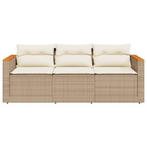 vidaXL Beige Poly Rattan 3-Seater Patio Sofa with Washable Cushions - Durable Outdoor Garden Furniture, UV-Resistant