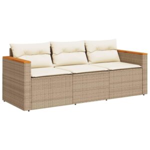 vidaxl beige poly rattan 3-seater patio sofa with washable cushions - durable outdoor garden furniture, uv-resistant