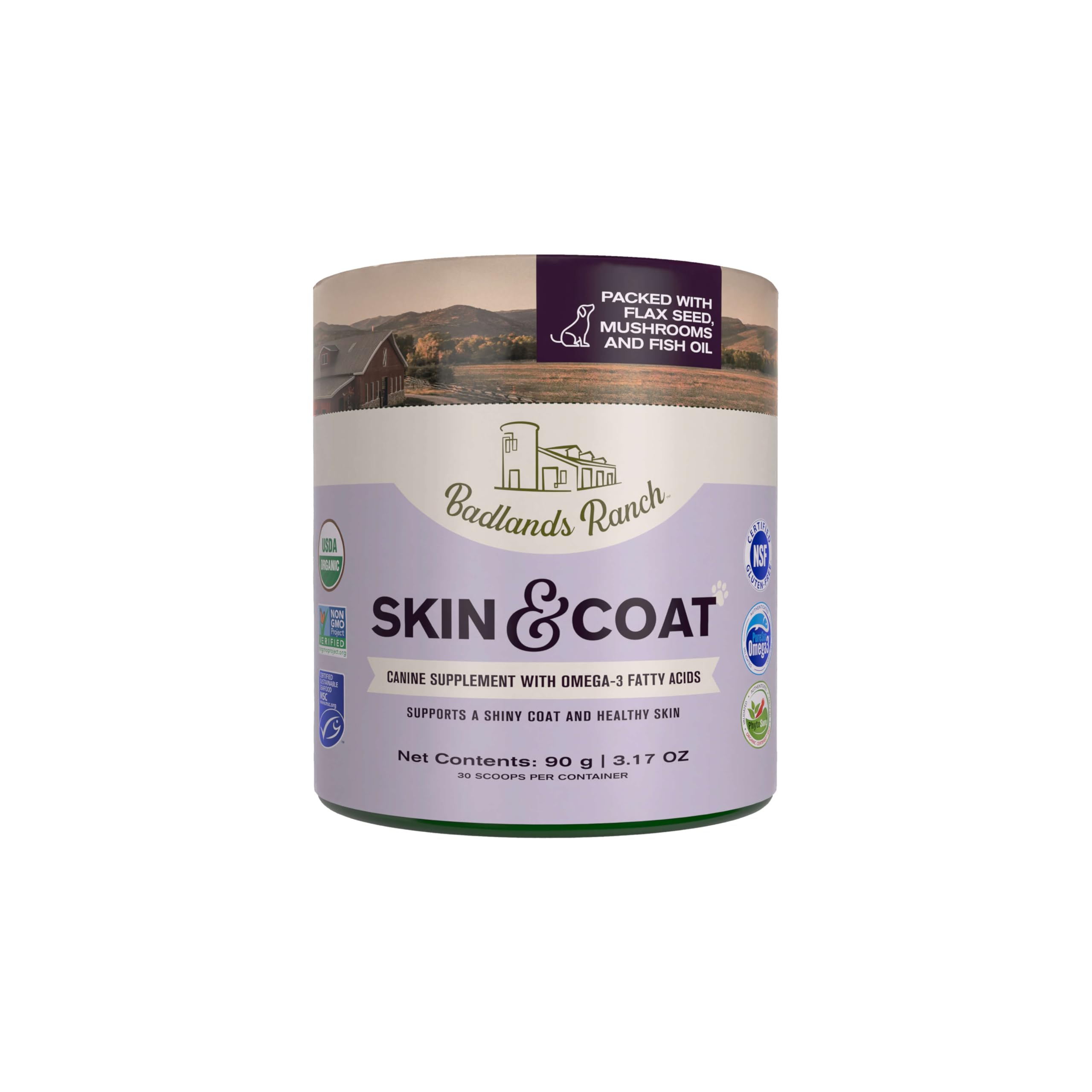 Badlands Ranch - Skin & Coat Canine Supplement w/Omega-3 Fatty Acids, Org. Ingredients, Antioxidant Topper, Nourish Coat &Paws, Joint, Support Shiny Coat & Healthy Skin by Katherine Heigl (30 Scoops)