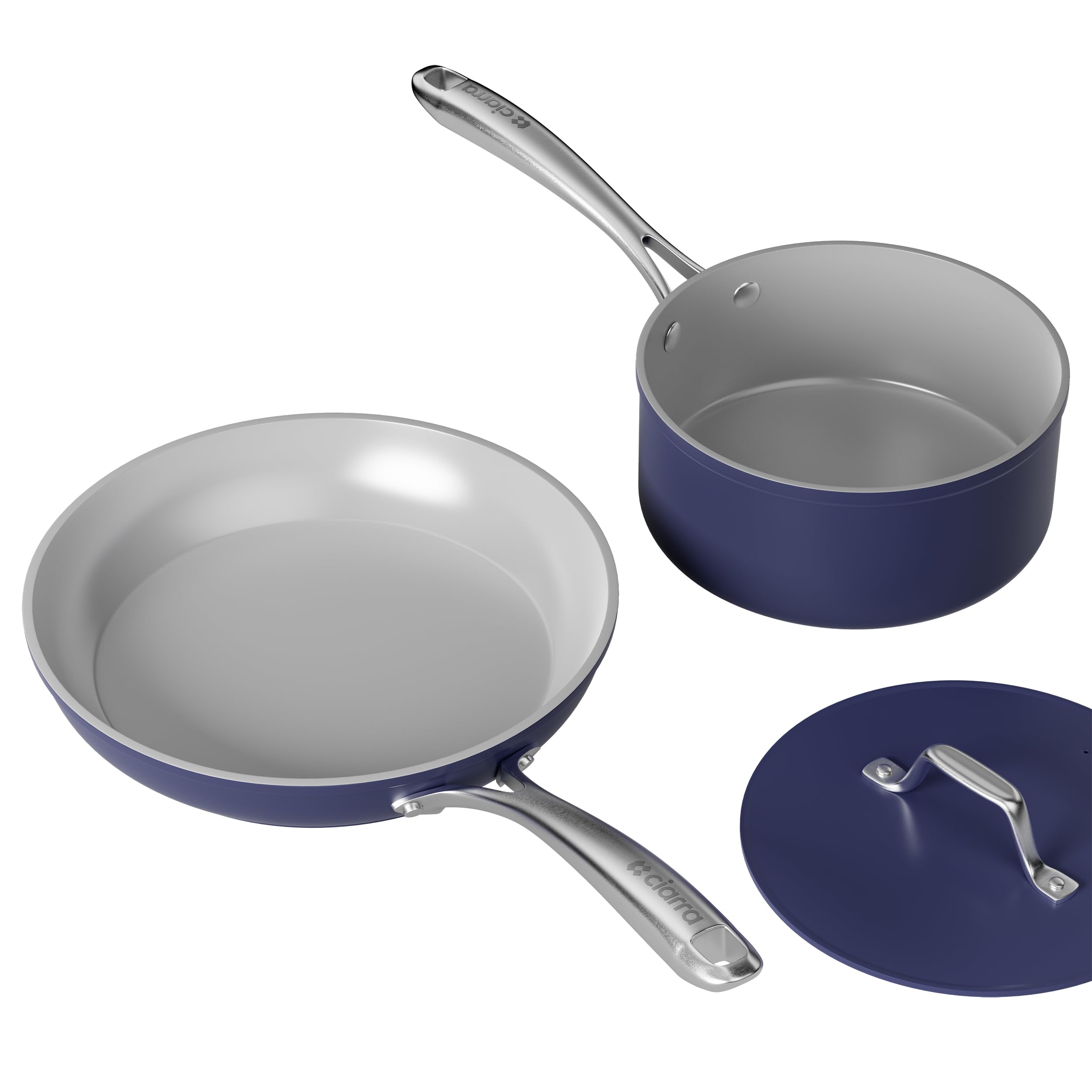 CIARRA Non Stick Frying Pan (10.2") & Ceramic Sauce Pan (3qt) - Non Toxic, PTFE & PFOA Free - Oven Safe & Compatible with All Stovetops, Blue