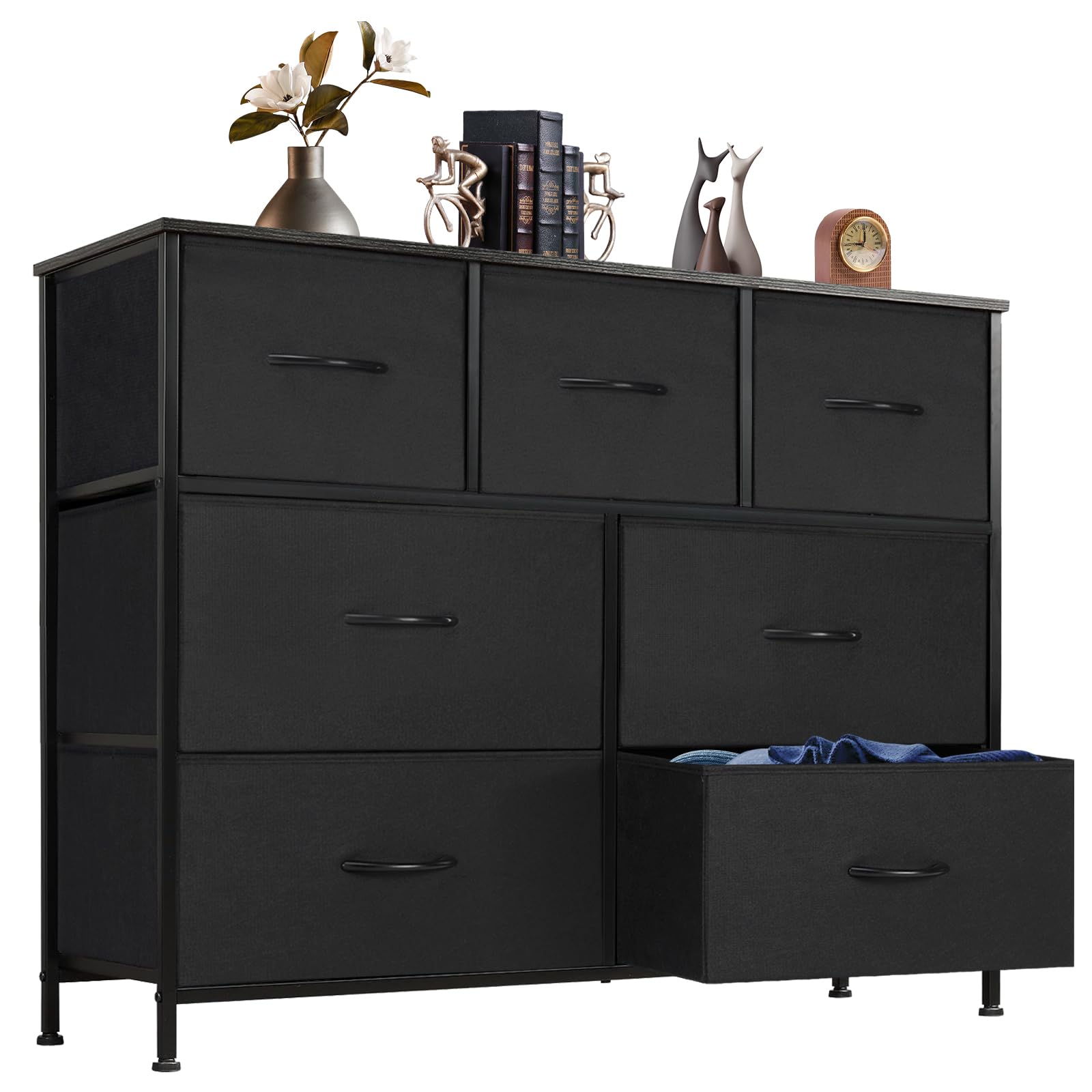 DUMOS Dresser for Bedroom with 7 Drawers, Storage Organizer Units Furniture, Chest Tower TV Stand with Fabric Bins, Metal Frame, Wooden Top for Nursery, Living Room, Kidsroom, Closet, Black