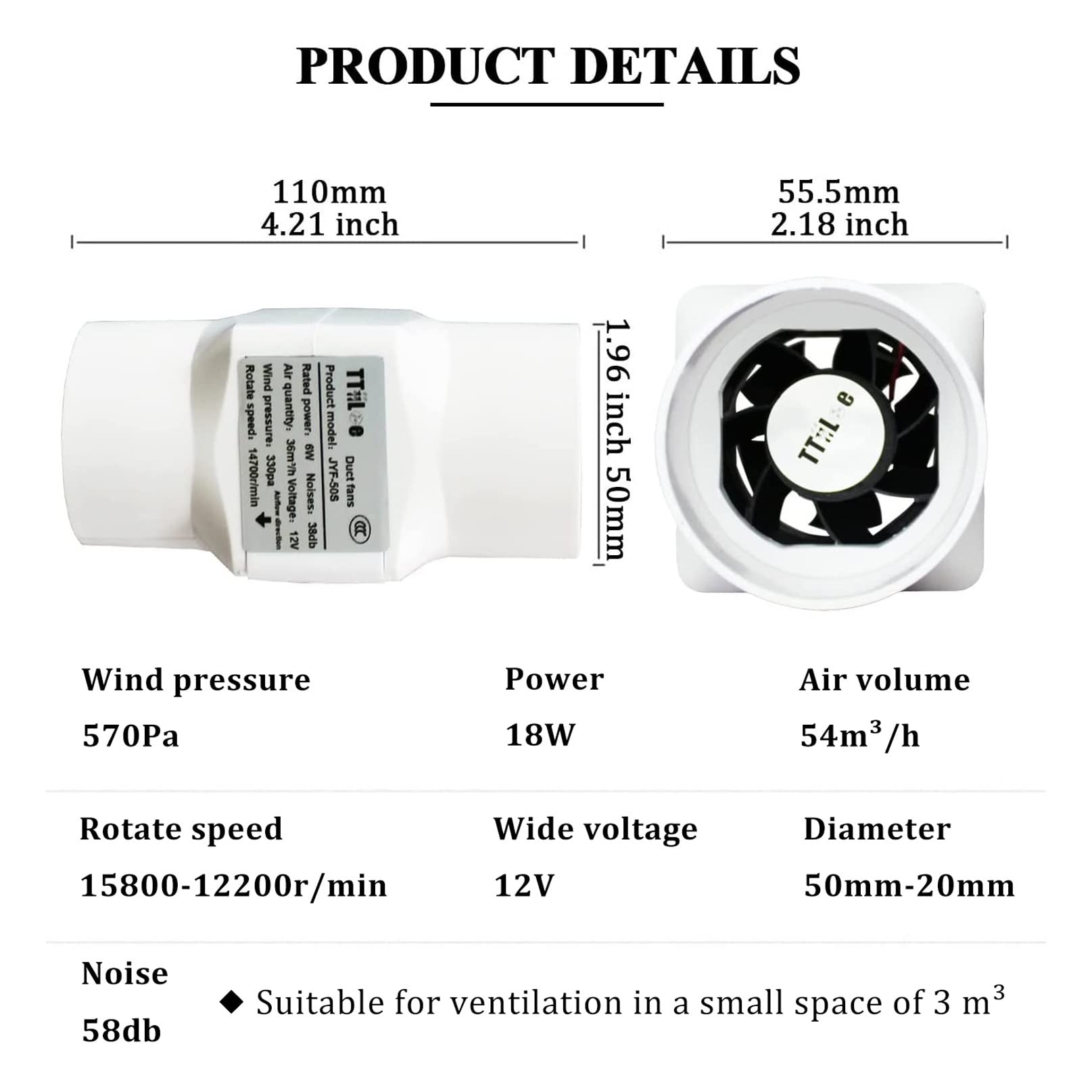 HYQFSAD 2 Inch Ventilation Fan for Small Space 12V 18W Inline Duct Fan Home Power Exhaust Air Extractor Hydroponic Blower for Kitchen Bathroom Bath Grow Tent Vent (Color : Adjustable Speed)