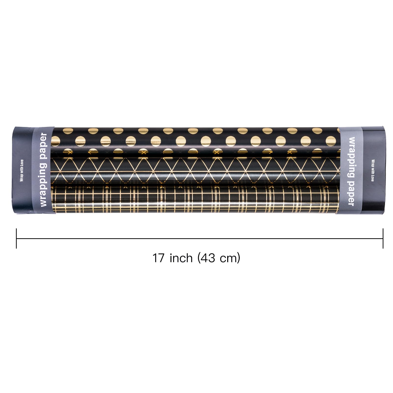 WRAPAHOLIC Black Birthday Wrapping Paper Roll - Mini Roll - 3 Rolls - 17 inch x 120 inch Per Roll - Black Gold Design for Wedding, Holiday, Party, Baby Shower