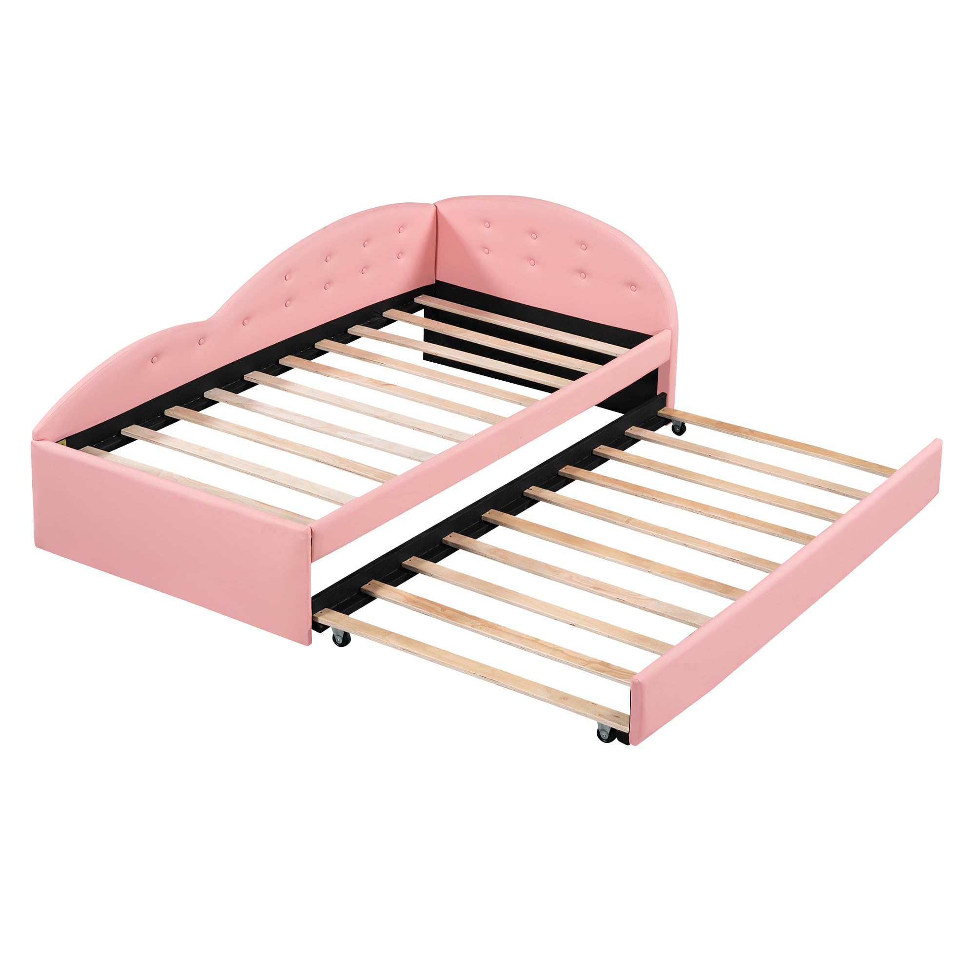 Acosure Twin Size PU Upholstered Tufted Daybed with Trundle and Cloud Shaped Guardrail,Wood Sofa Bed Frame,Full Pull Out Bed for Bedroom,Livingroom,Pink