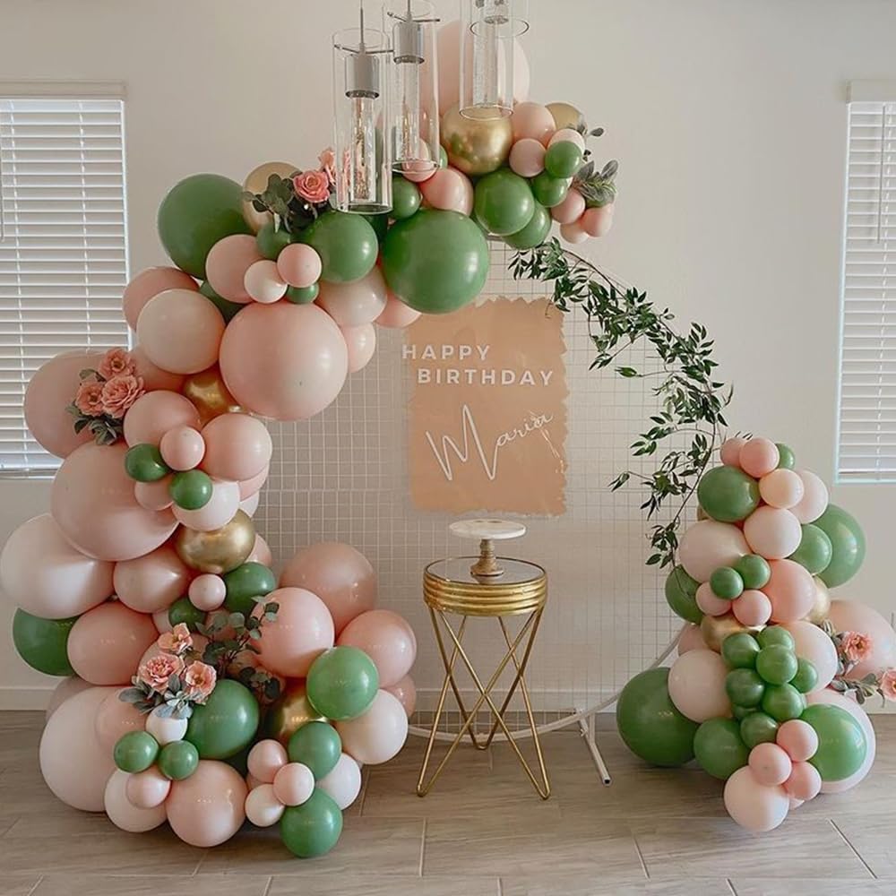 140Pcs Dusty Pink Sage Green Balloon Garland Arch Kit Mist Pink Retro Green Sand White Metallic Silver Latex Balloons for Boho Baby Shower Birthday Wedding Bridal Shower Party Decorations