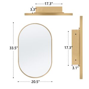 soges Gold Medicine Cabinet Mirror with 2 Adjustable Storage Shelves, 34”x20” Oval Recessed Medicine Cabinet with Beveled Edge Mirror for Bathroom, Wall Mounted Deep Metal Framed Mirror Cabinet