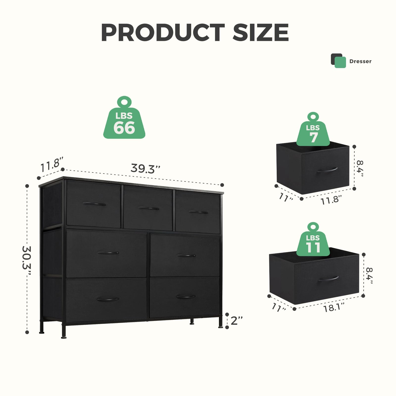 DUMOS Dresser for Bedroom with 7 Drawers, Storage Organizer Units Furniture, Chest Tower TV Stand with Fabric Bins, Metal Frame, Wooden Top for Nursery, Living Room, Kidsroom, Closet, Black