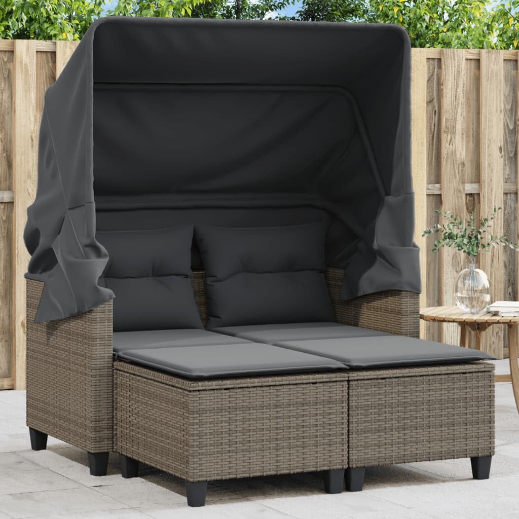 vidaXL Gray Poly Rattan Patio Loveseat with Retractable Canopy and Matching Stools - Outdoor 2-Seater Sofa - Weather-Resistant Garden Furniture