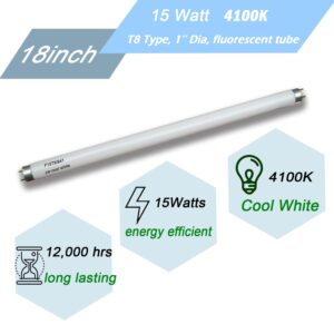 2Pack F15W-T8-CW Cool White 15 Watt Fluorescent Bulb,F15T8/CW 4100K Linear Light,T8 Tube for RV, Plant Lighting, Fish Tank