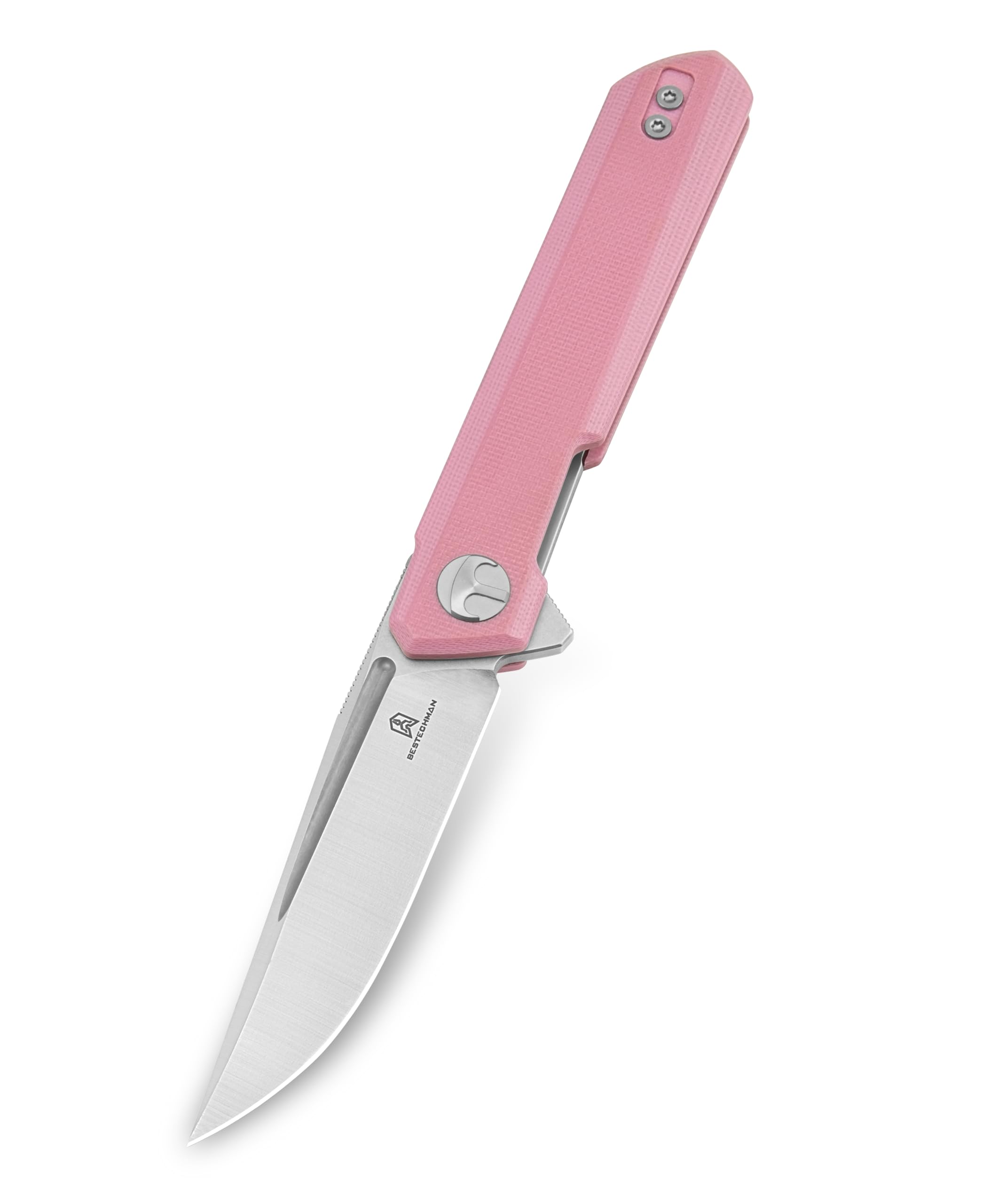 BESTECHMAN Mini Dundee Pocket Folder Folding Knife: 2.92" D2 Steel Stonewash Satin Blade, G10 Scales, EDC Reversible Deep Clip, BMK03B (Pink)