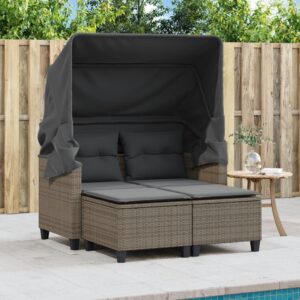 vidaXL Gray Poly Rattan Patio Loveseat with Retractable Canopy and Matching Stools - Outdoor 2-Seater Sofa - Weather-Resistant Garden Furniture