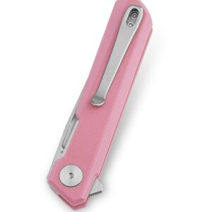 BESTECHMAN Mini Dundee Pocket Folder Folding Knife: 2.92" D2 Steel Stonewash Satin Blade, G10 Scales, EDC Reversible Deep Clip, BMK03B (Pink)