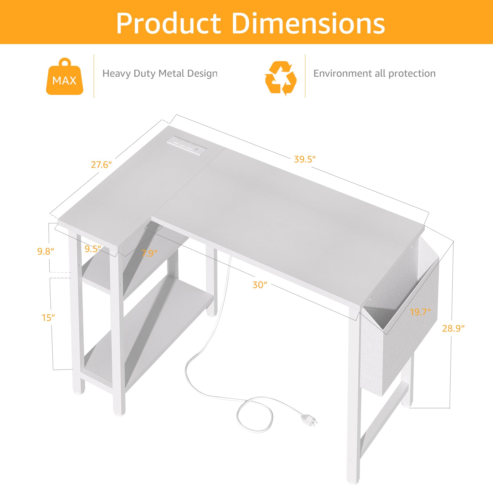 DLisiting White L Shaped Computer Desk with Power Outlet Shelves, 40 Inch Small Corner Desk for Small Space Home Office, Study Work PC Desks for Bedroom, White