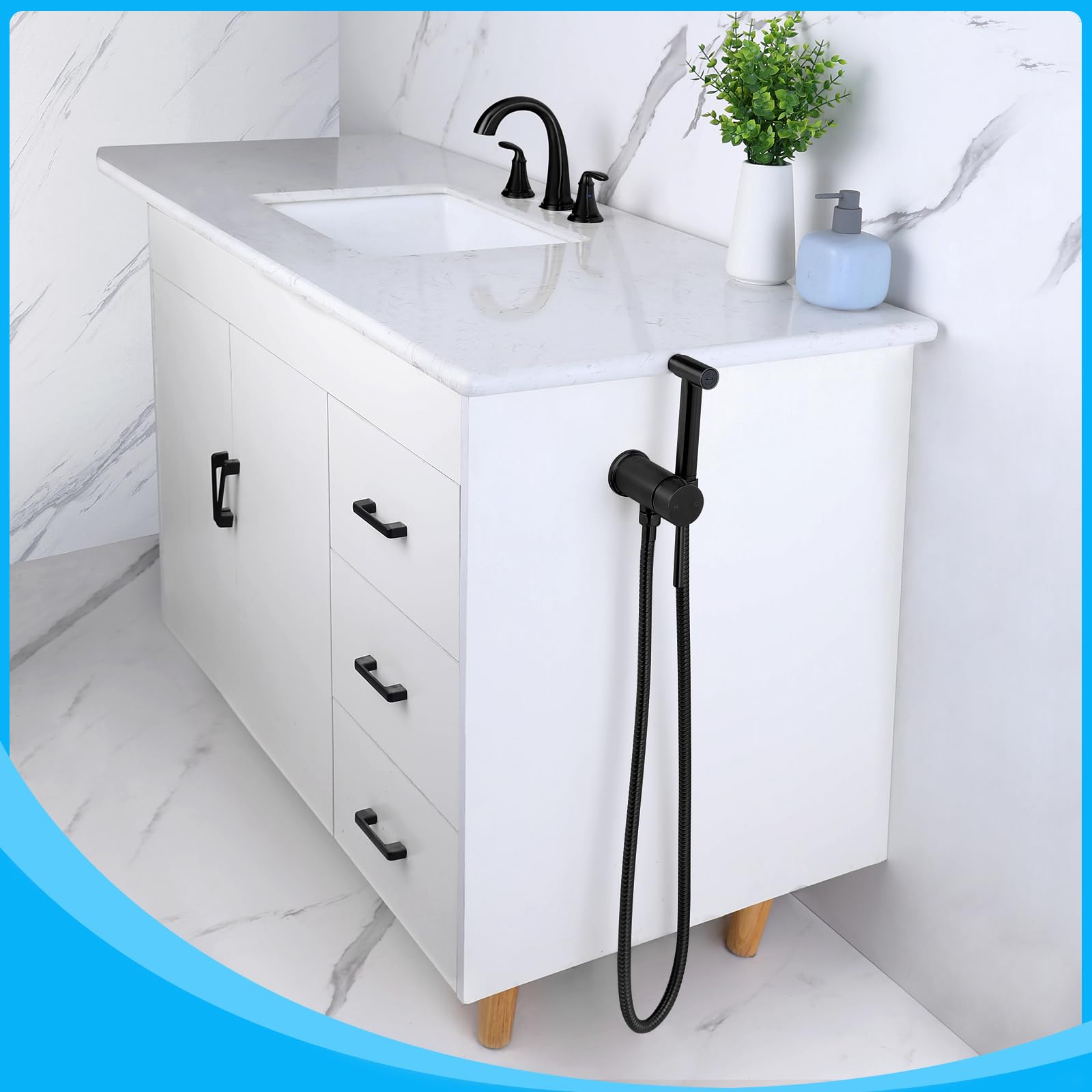 KWOCI Matte Black Handheld Bidet Sprayer for Toilet Warm Water Mounted on the Bathroom Vanity，Stainless Steel Hot and Cold Bidet Sprayer with Brass Mixing Valve for Feminine Hygiene、 Pet shower