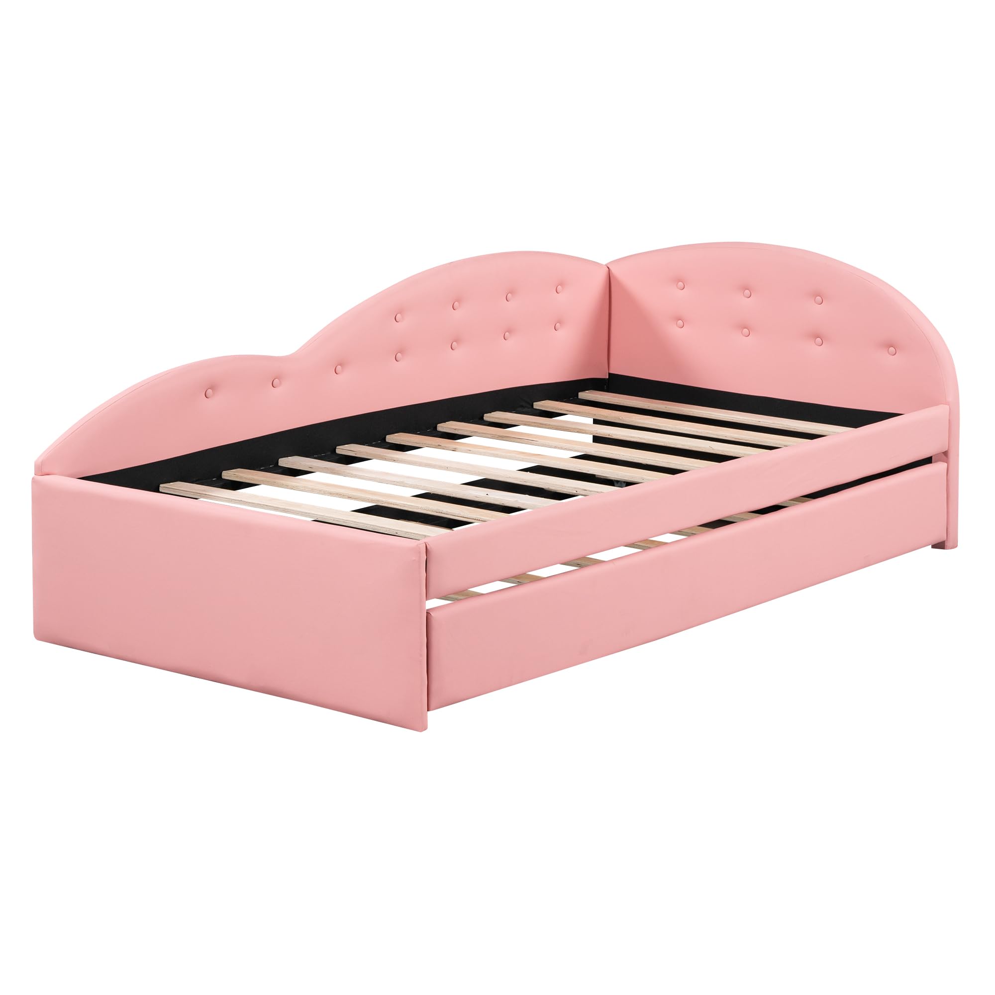 Acosure Twin Size PU Upholstered Tufted Daybed with Trundle and Cloud Shaped Guardrail,Wood Sofa Bed Frame,Full Pull Out Bed for Bedroom,Livingroom,Pink