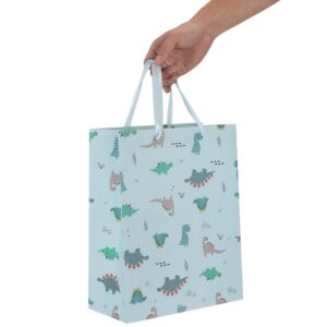 13” Large Light Blue Bag Set with Greeting Card and Tissue Paper (Dinosaur-themed Design) for Boys’, Girls', or Kids' Party, Baby Showers, Baby Girl, Baby Boy, Newborn, New Moms or Parents-10.2” x