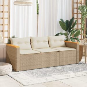 vidaXL Beige Poly Rattan 3-Seater Patio Sofa with Washable Cushions - Durable Outdoor Garden Furniture, UV-Resistant