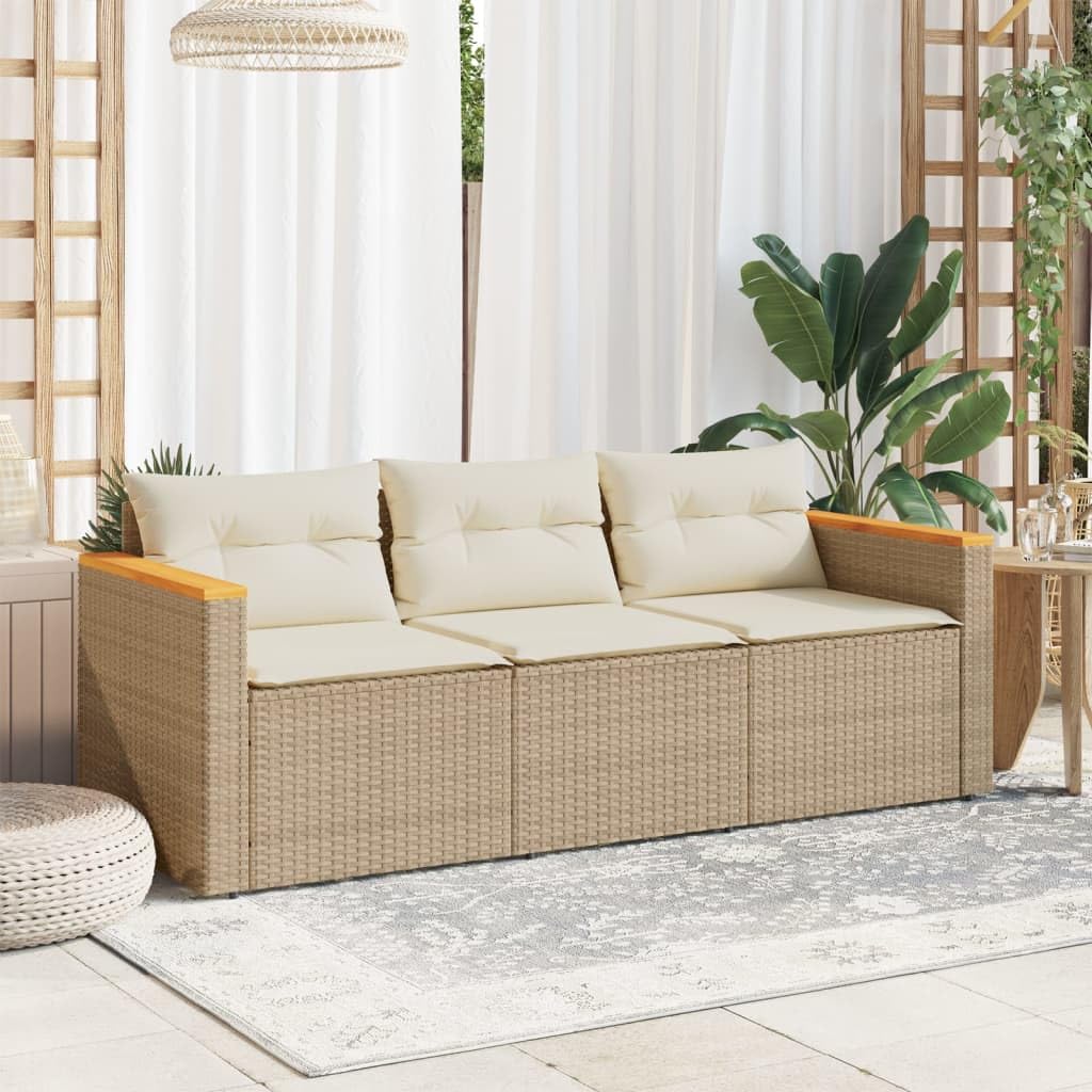 vidaXL Beige Poly Rattan 3-Seater Patio Sofa with Washable Cushions - Durable Outdoor Garden Furniture, UV-Resistant