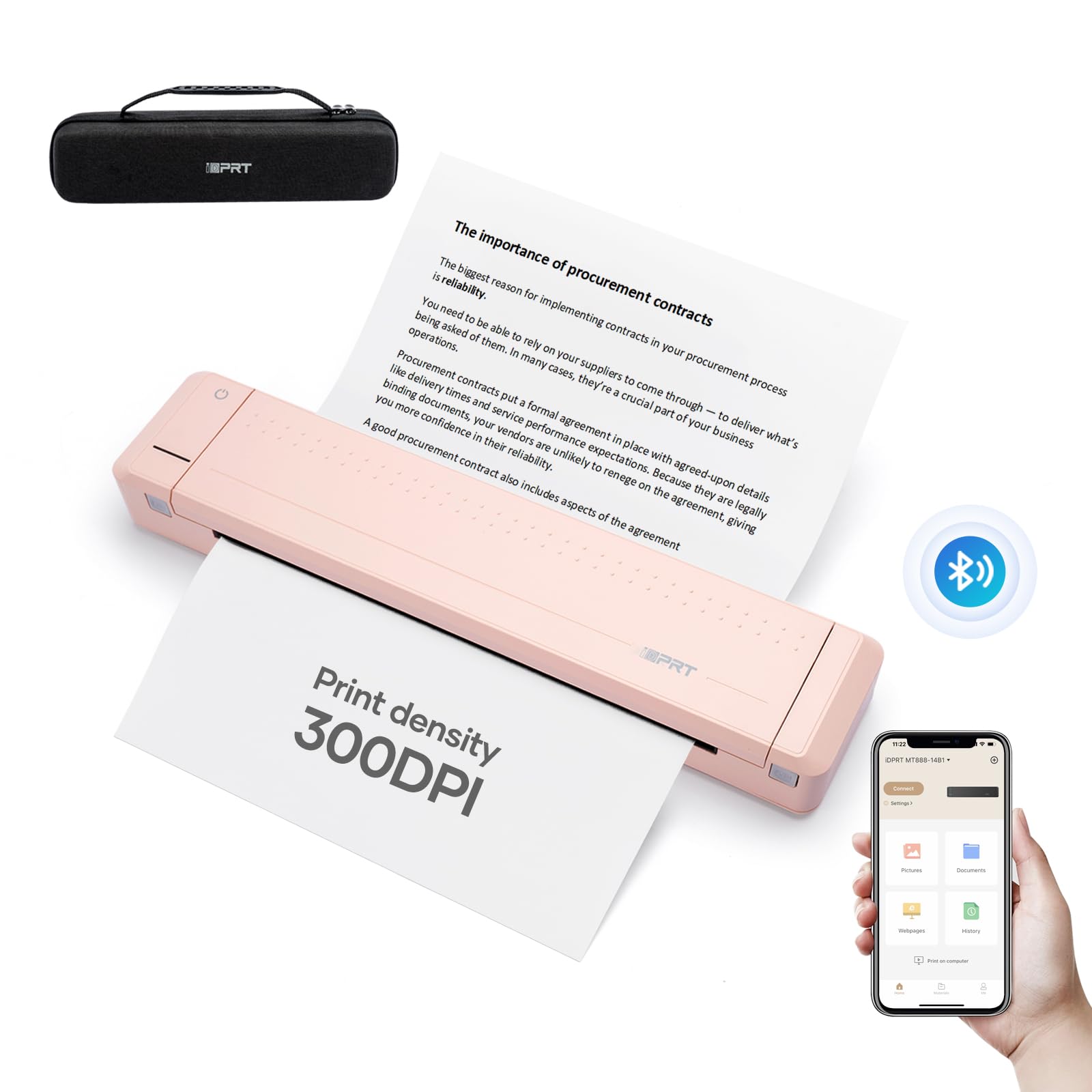 iDPRT Portable Printers Wireless for Travel, Thermal Printer Support 8.5" X 11" US Letter,Bluetooth Inkless Printer Compatible with iOS, Android, Laptop for Office, Home, with Case,MT888 Pink