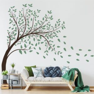 Prabahdak 4 Sheets Green Tree Wall Decals Big Tree Wall Stickers Large DIY Peel and Stick Flying Leaves Wall Decor for Kids Bedroom Living Room Nursery Rooms TV Sofa Background Decoration