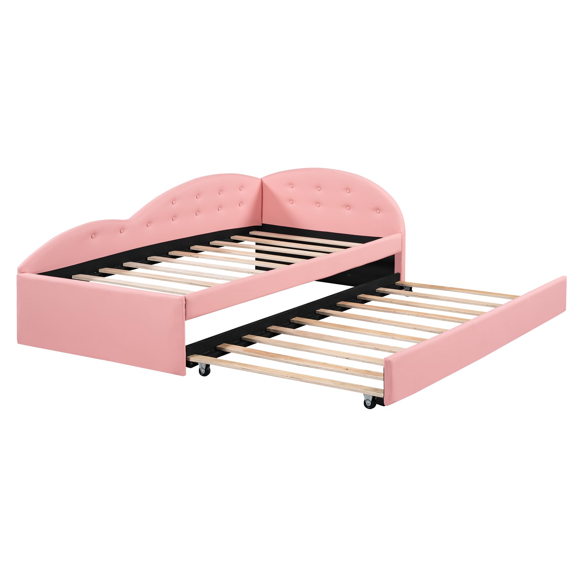 Acosure Twin Size PU Upholstered Tufted Daybed with Trundle and Cloud Shaped Guardrail,Wood Sofa Bed Frame,Full Pull Out Bed for Bedroom,Livingroom,Pink