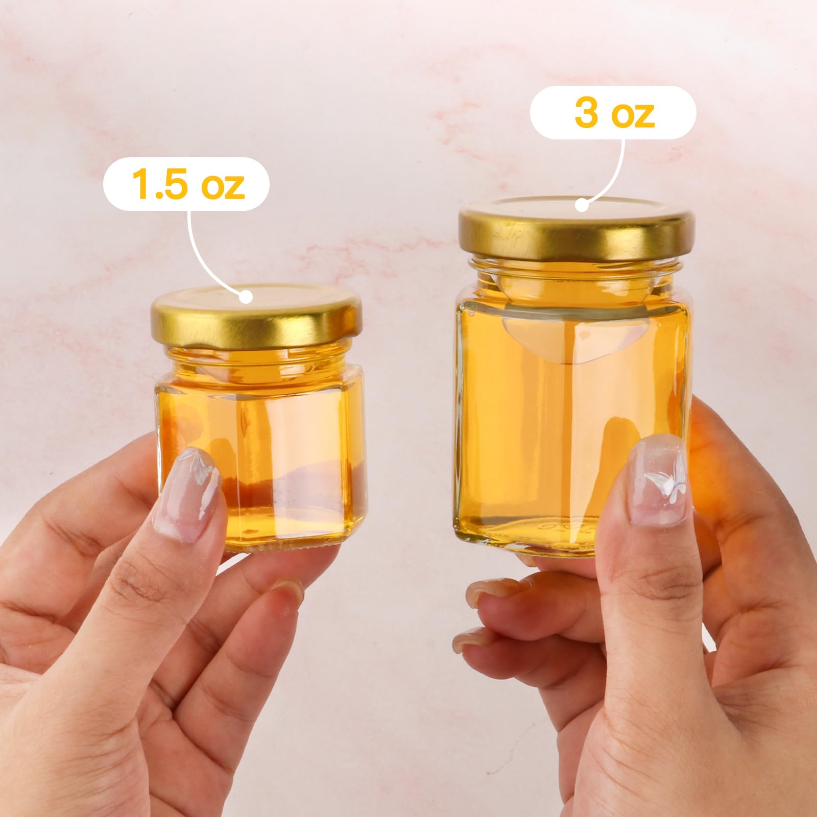 SZUAH 48 Pack 1.5 oz Mini Honey Jars with Dipper, Glass Hexagon Honey Jar for Wedding Favors, Empty Glass Jars for Party Favor