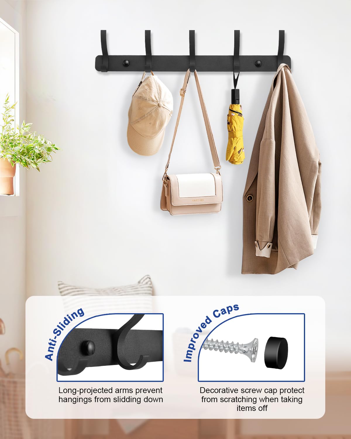 DECLUTTR 2 Pack Coat Rack Wall Mount, 5 Heavy Duty Wall Hooks for Hanging, Metal Wall Mounted Towel Rack Hat Rack for Mudroom Bathroom Entryway, Black