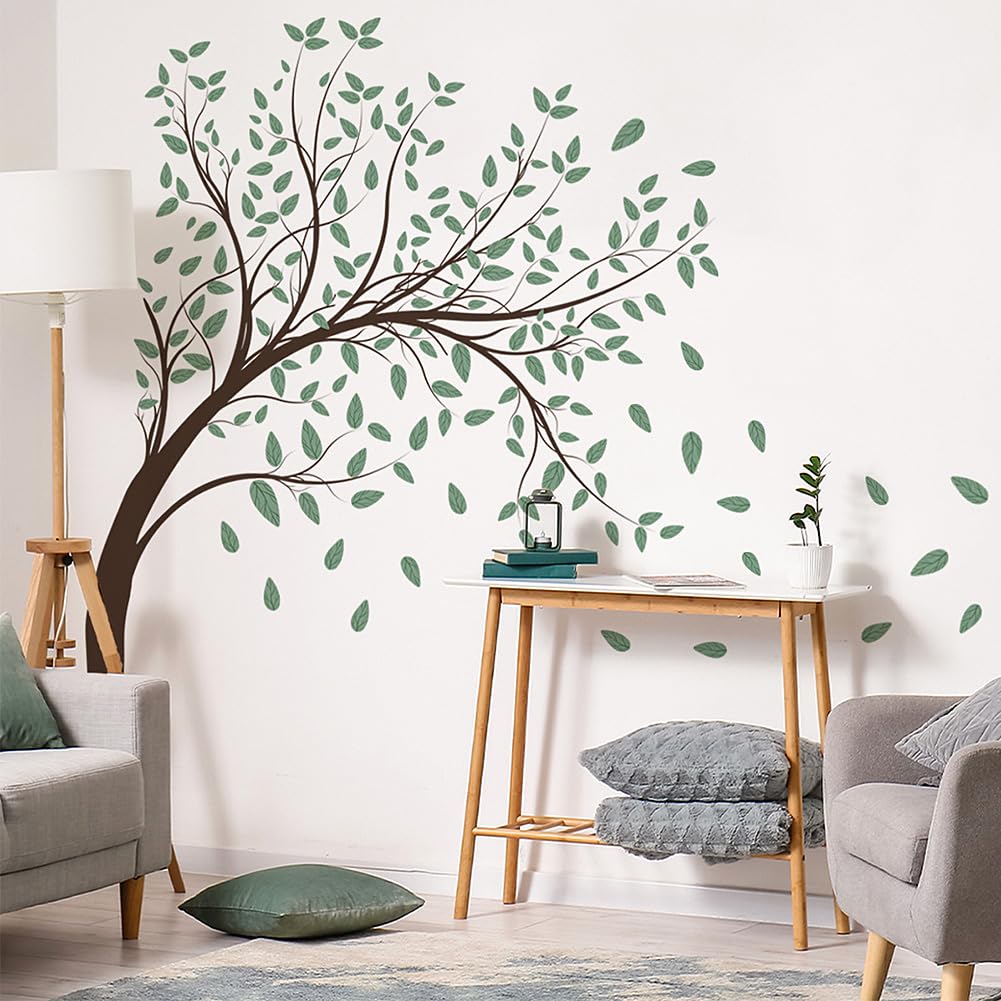 Prabahdak 4 Sheets Green Tree Wall Decals Big Tree Wall Stickers Large DIY Peel and Stick Flying Leaves Wall Decor for Kids Bedroom Living Room Nursery Rooms TV Sofa Background Decoration