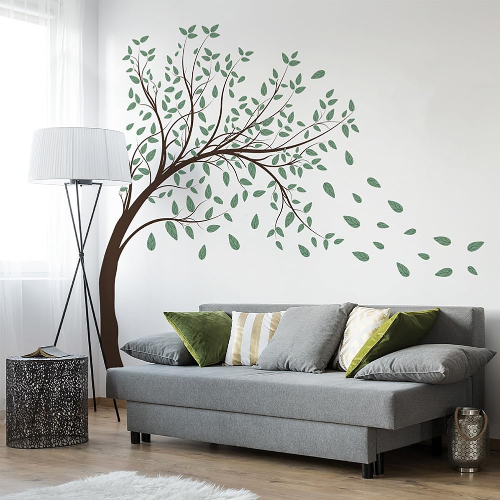 Prabahdak 4 Sheets Green Tree Wall Decals Big Tree Wall Stickers Large DIY Peel and Stick Flying Leaves Wall Decor for Kids Bedroom Living Room Nursery Rooms TV Sofa Background Decoration