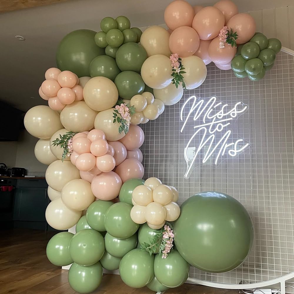 140Pcs Dusty Pink Sage Green Balloon Garland Arch Kit Mist Pink Retro Green Sand White Metallic Silver Latex Balloons for Boho Baby Shower Birthday Wedding Bridal Shower Party Decorations