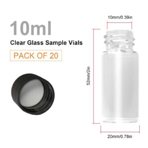 Sunrisesu 20PCS 10ml Clear Glass Vials with Screw Caps, Leak-Proof Black Screw Cap with PE Liners for Essential Oil, Reagent, Seeds Small Liquid Sample Vial