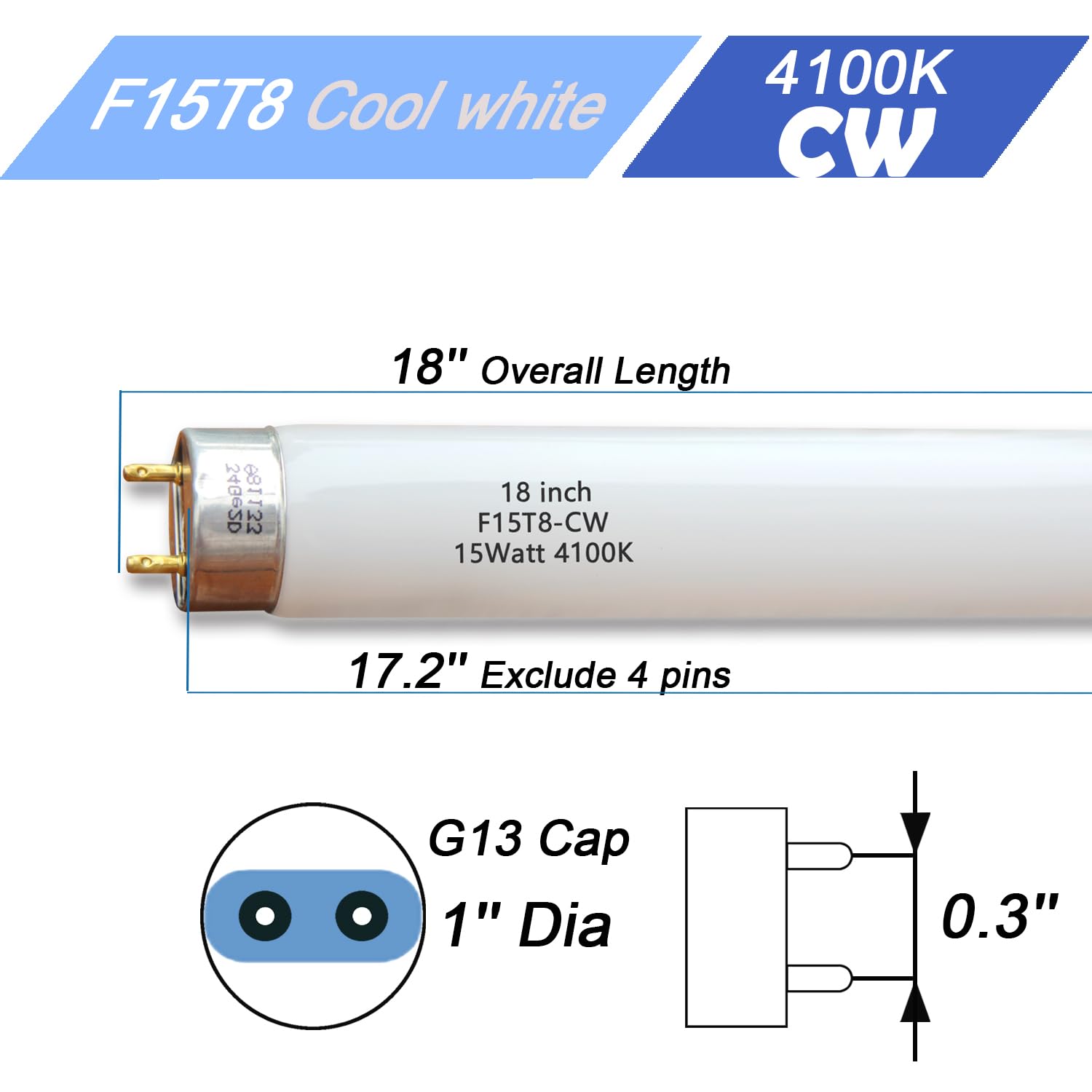 2Pack F15W-T8-CW Cool White 15 Watt Fluorescent Bulb,F15T8/CW 4100K Linear Light,T8 Tube for RV, Plant Lighting, Fish Tank