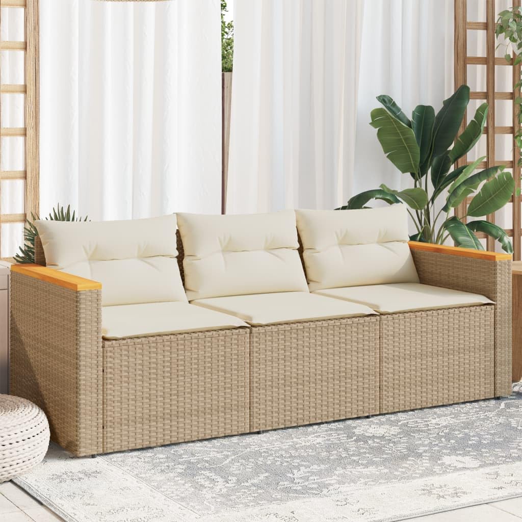 vidaXL Beige Poly Rattan 3-Seater Patio Sofa with Washable Cushions - Durable Outdoor Garden Furniture, UV-Resistant