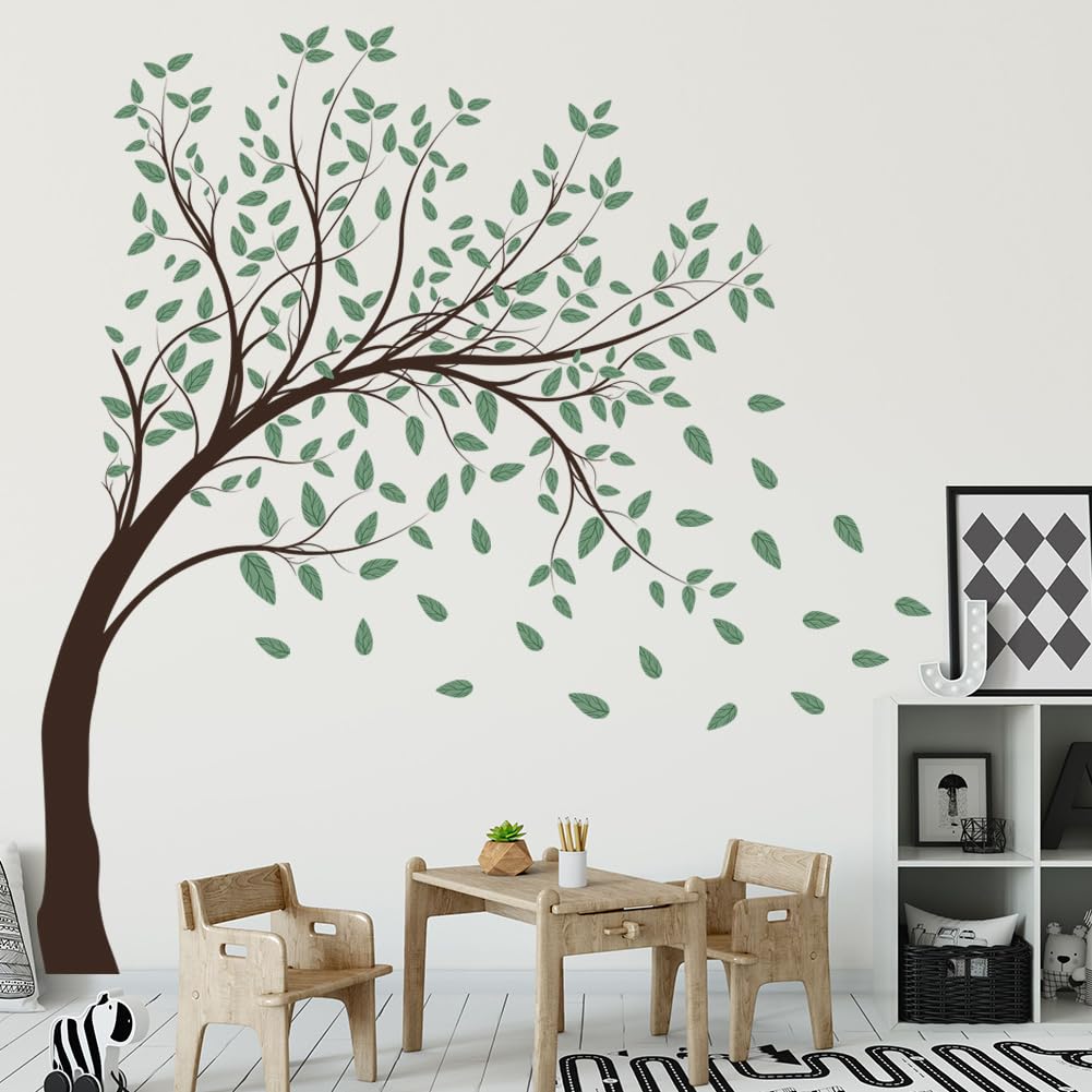 Prabahdak 4 Sheets Green Tree Wall Decals Big Tree Wall Stickers Large DIY Peel and Stick Flying Leaves Wall Decor for Kids Bedroom Living Room Nursery Rooms TV Sofa Background Decoration