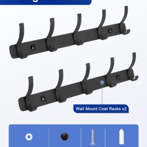 DECLUTTR 2 Pack Coat Rack Wall Mount, 5 Heavy Duty Wall Hooks for Hanging, Metal Wall Mounted Towel Rack Hat Rack for Mudroom Bathroom Entryway, Black