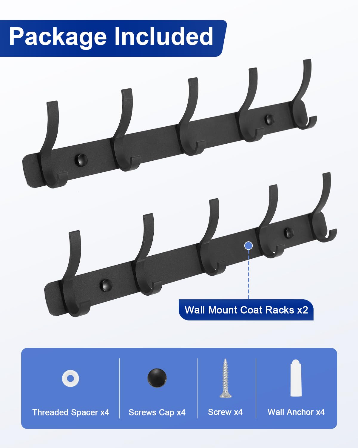 DECLUTTR 2 Pack Coat Rack Wall Mount, 5 Heavy Duty Wall Hooks for Hanging, Metal Wall Mounted Towel Rack Hat Rack for Mudroom Bathroom Entryway, Black