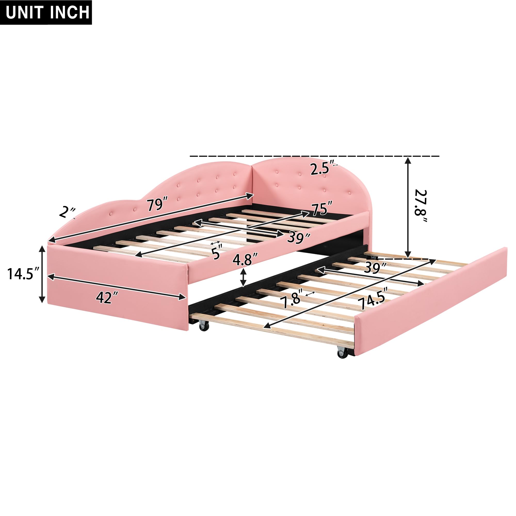 Acosure Twin Size PU Upholstered Tufted Daybed with Trundle and Cloud Shaped Guardrail,Wood Sofa Bed Frame,Full Pull Out Bed for Bedroom,Livingroom,Pink