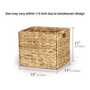 WEAVELYRICS 4 Pack 13×11" Rectangular Wicker Storage Bins, Water Hyacinth Baskets, Foldable Wicker Baskets, Storage Basket with Built-in Handles, Handwoven Natural Baskets for Shelves, Outdoor