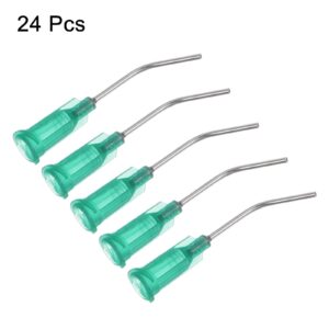 HARFINGTON 24pcs Blunt Tip Dispensing Needle 18 Gauge 1 Inch Screw Interface Bent Flow Design Bent Dispensing Tips with Luer Lock for Adhesive Glue Dispensing, Green