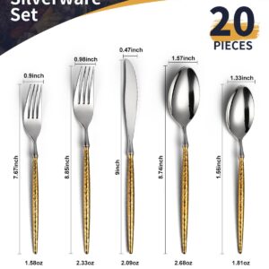 Lemeya 20-Piece Hammered Silver Gold Silverware Set,18/10 Stainless Steel Forging Heavy Duty Cutlery Set for 4, Luxury Unique Flatware Set,Spoons and Forks Set,Mirror Polished,Dishwasher Safe