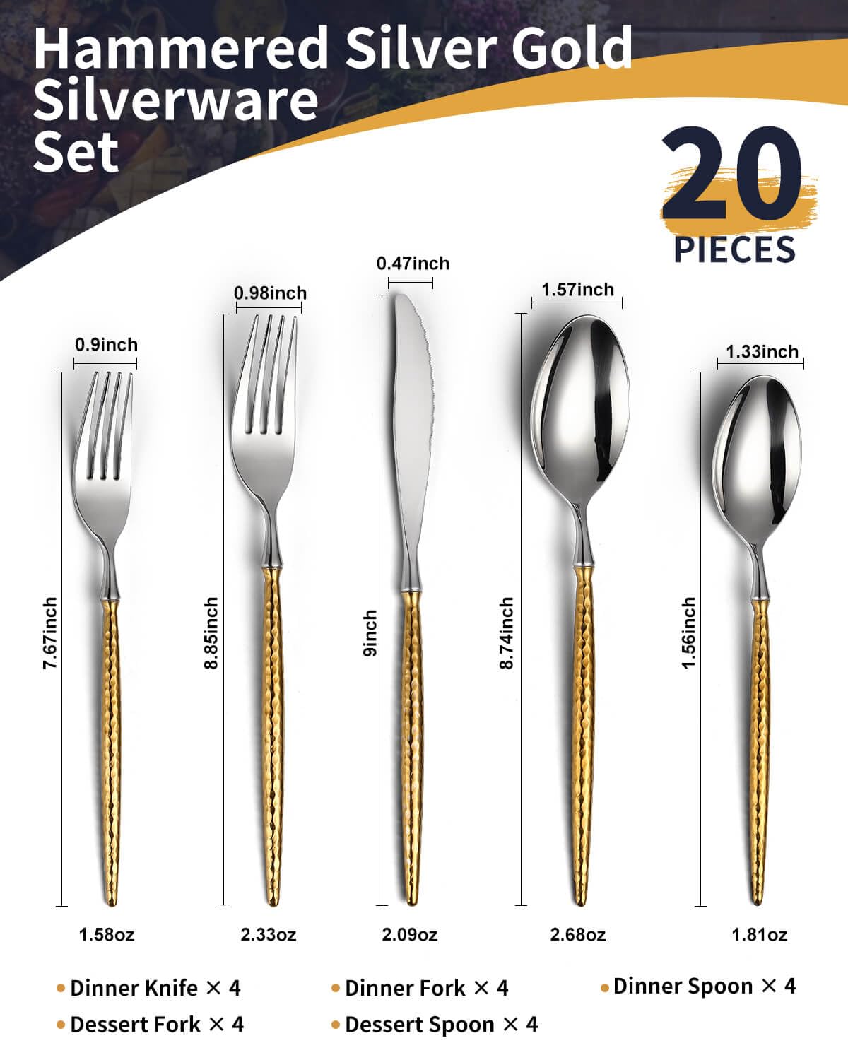 Lemeya 20-Piece Hammered Silver Gold Silverware Set,18/10 Stainless Steel Forging Heavy Duty Cutlery Set for 4, Luxury Unique Flatware Set,Spoons and Forks Set,Mirror Polished,Dishwasher Safe