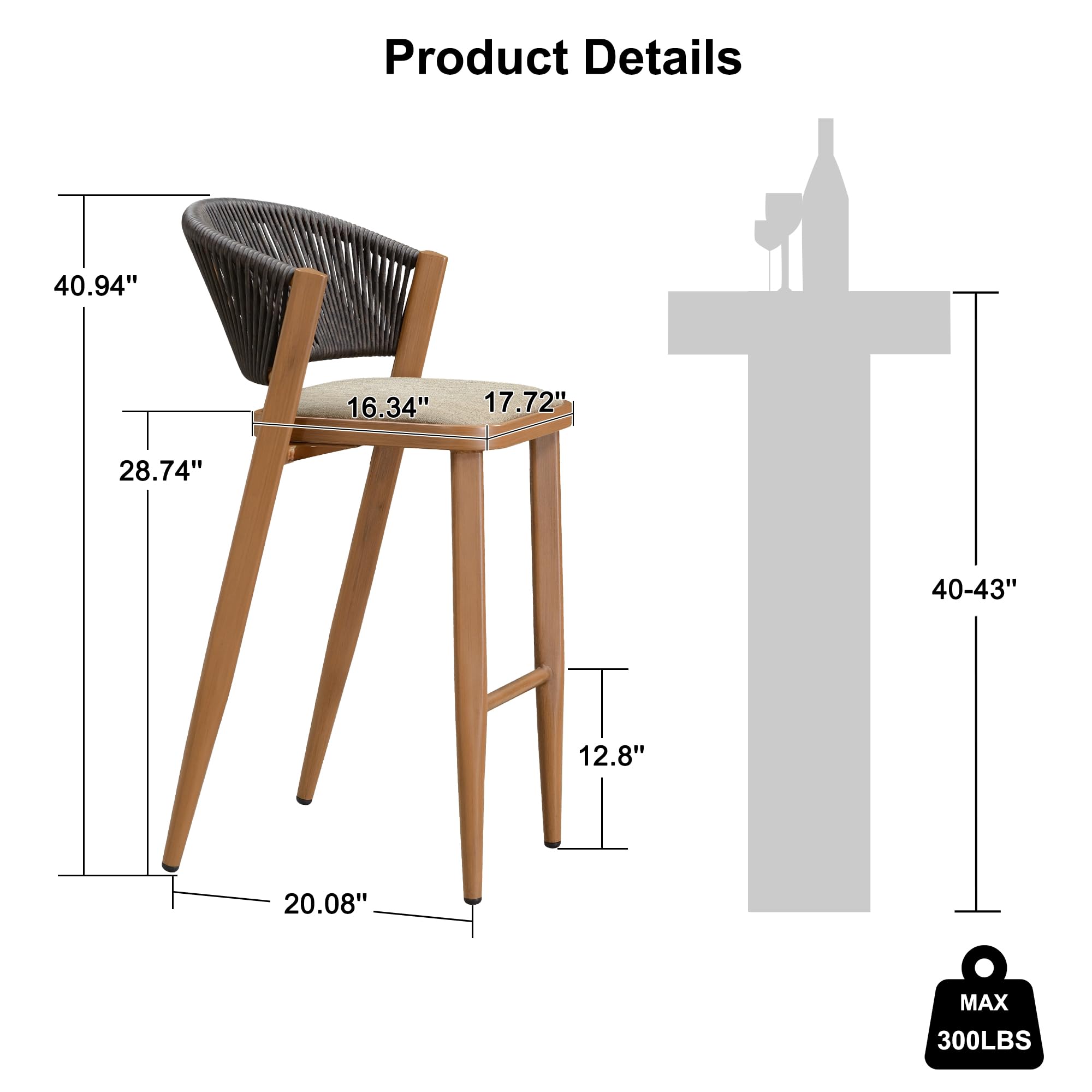 PURPLE LEAF Bar Stool Set of 2 Outdoor Bar Chairs with Footrest Aluminum Bar Height Stools Wicker Brown Barstools