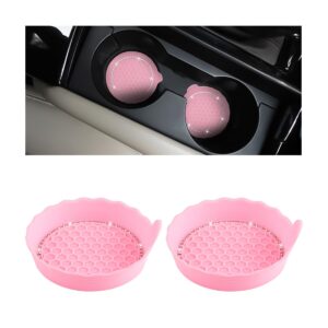 bittwee 2pcs bling car cup holder coaster, silicone anti-slip insert drink cup mat, crystal rhinestone auto interior accessories, 2.75 inch universal for cars, rvs, trucks and more（pink/2pcs）