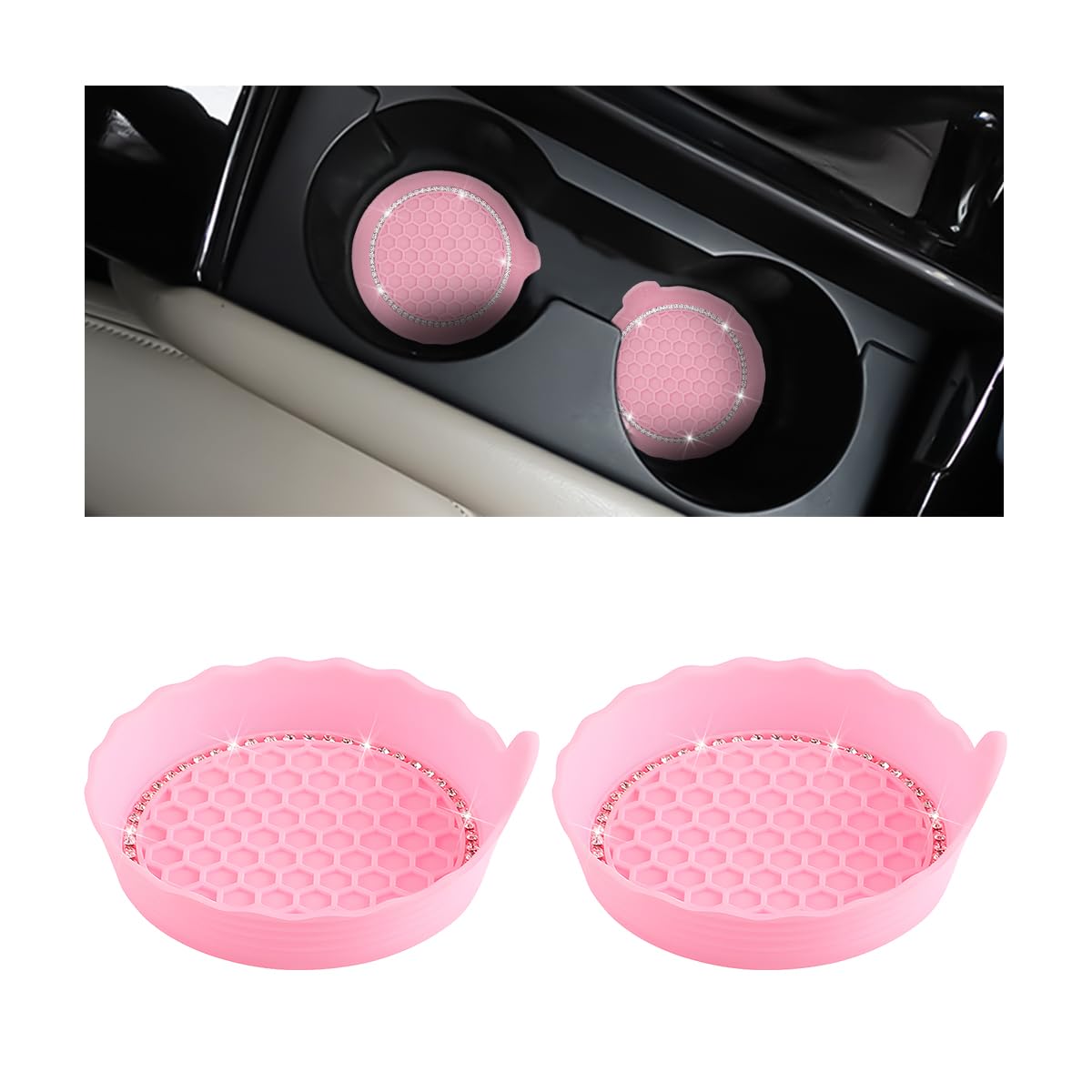 Bittwee 2PCS Bling Car Cup Holder Coaster, Silicone Anti-Slip Insert Drink Cup Mat, Crystal Rhinestone Auto Interior Accessories, 2.75 Inch Universal for Cars, RVs, Trucks and More（Pink/2PCS）