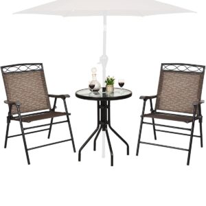 happygrill 3 pieces patio dining set with round glass table, folding chairs, outdoor chairs table set with umbrella hole for garden poolside backyard